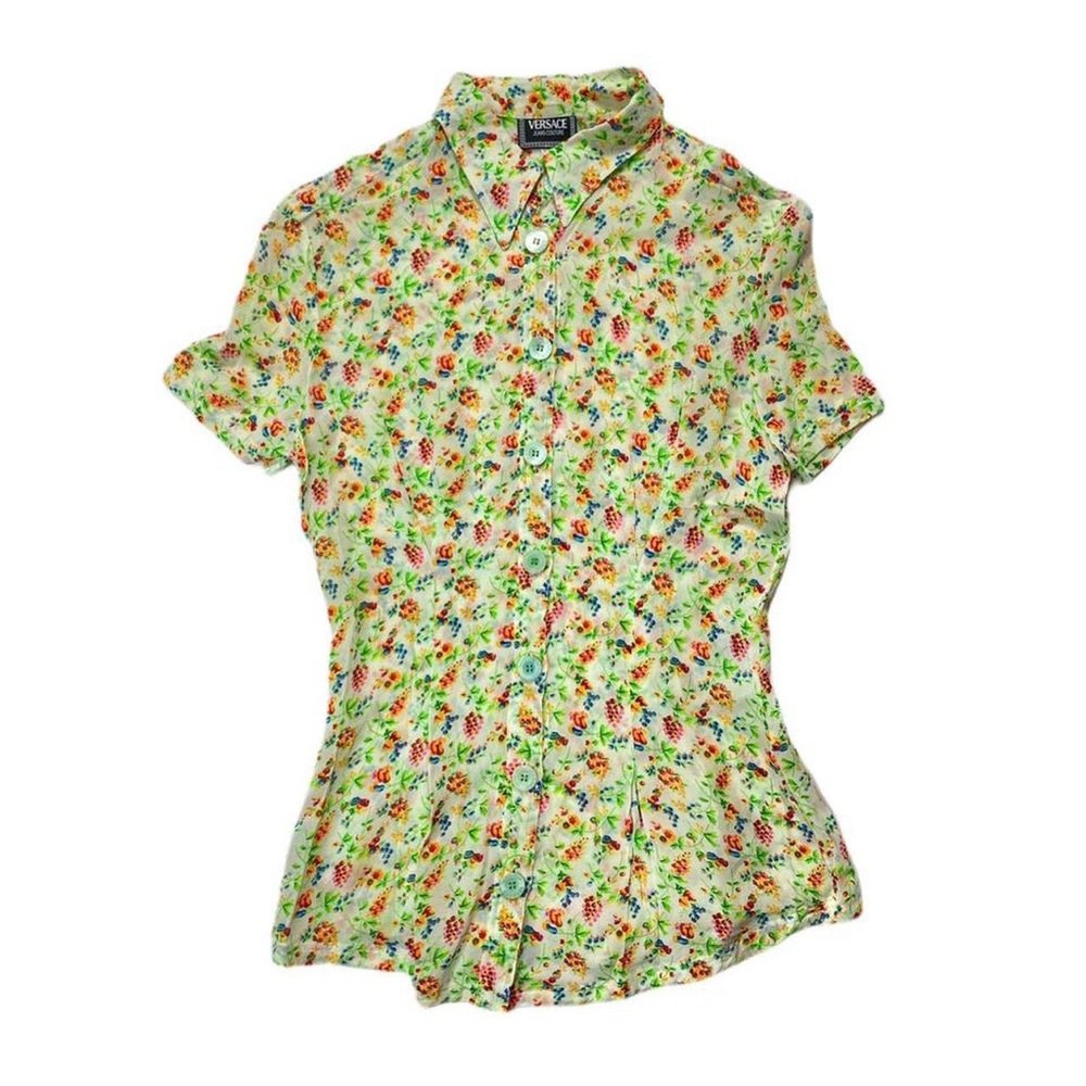 Vintage Versace Sheer Flora Fruit Button Front Blouse